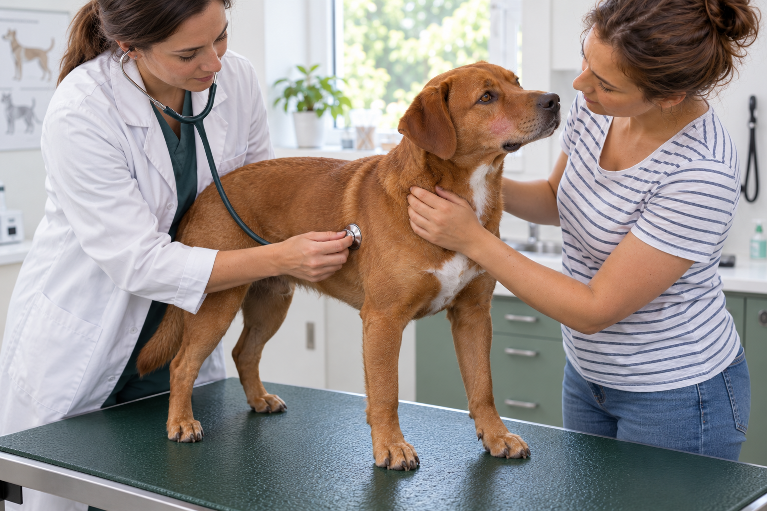 Veterinář vyšetřuje psa po alergické reakci na hmyz